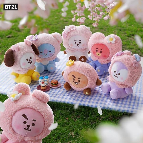 BT21 Cherry Blossom Plush Keychain - Kpop Bag Charm Doll Pendant*Pink Rabbit - Sitting Pose* Pink Rabbit - Sitting Posture