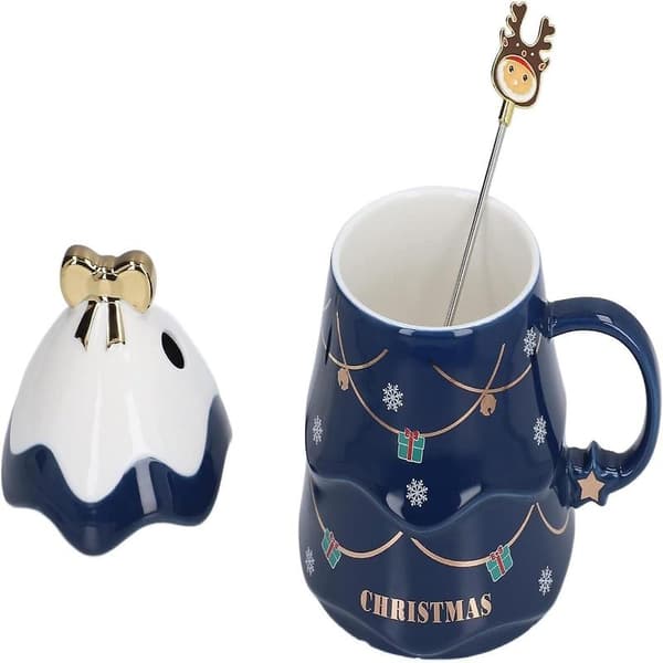 Jul Keramikmugg med Lock 500ml Stor Kapacitet Julmugg Keramisk Temugg Mjölkmugg Kaffemugg Blue stirring spoon with lid