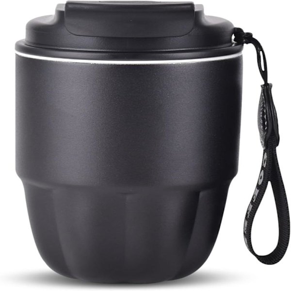 Kaffetermos, Mini Isolerad Kaffemugg, Rostfritt Stålfoder + Dubbel Pip för Drickande, Läcksäker, 320 ml Black
