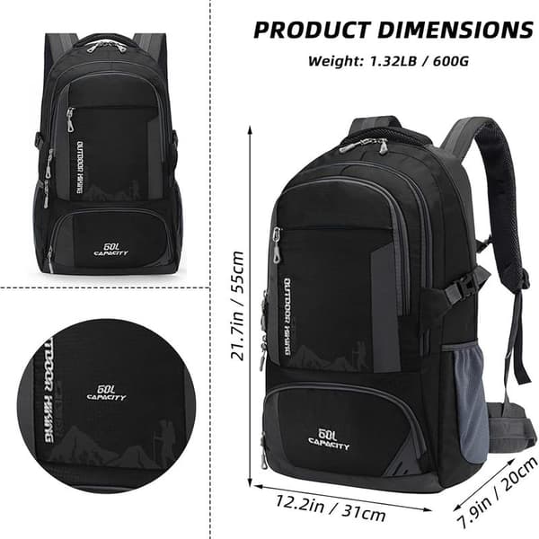 60L Waterproof Hiking Backpack Lightweight Camping Backpack Women Men Durable Daypack (Black, 60L)