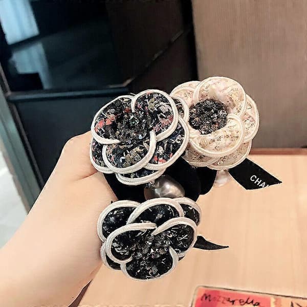 Dam Flickor Kamelia Blomma Pärl Scrunchies Elastiskt Hårband Hästsvanshållare Color 2