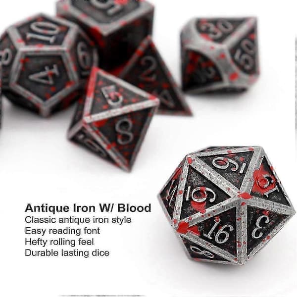 Blodflekket Metall DND Terningesett Blodflekket Terninger D&D Polyedriske RPG Terninger (Antikk Jernrød){h}