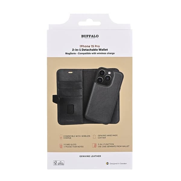 Buffalo iPhone 15 Pro Etui 2i1 Ægte Læder Sort 140
