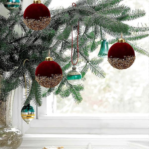 2026 Vinröda flockade julgranskulor i glas 8 cm 6-pack
