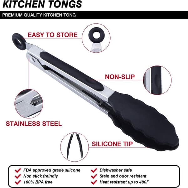 Mini silikon serveringstenger 17,8 cm Sett med 3 - Svart