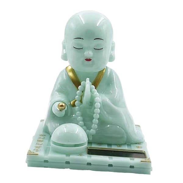 Solcelledansende Buddha Munk Bobble Head Bilpynt, Grøn Mini Munkefigur til Skrivebordsindretning