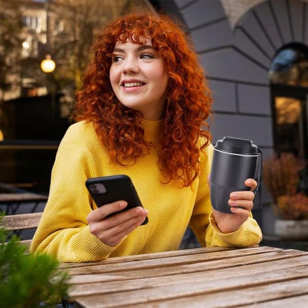 Kaffetermos, Mini Isolerad Kaffemugg, Rostfritt Stålfoder + Dubbel Pip för Drickande, Läcksäker, 320 ml Black