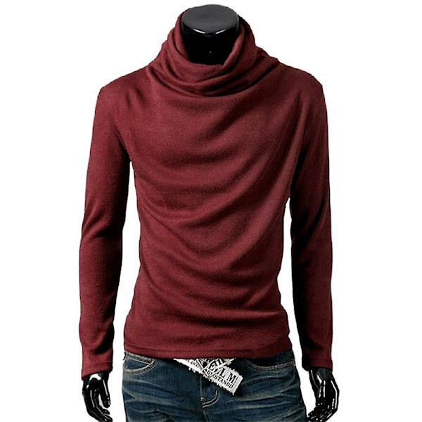 Herrar Solid Turtle Neck Långärmad Casual Vinter Höst Pullover Toppar Wine Red XL