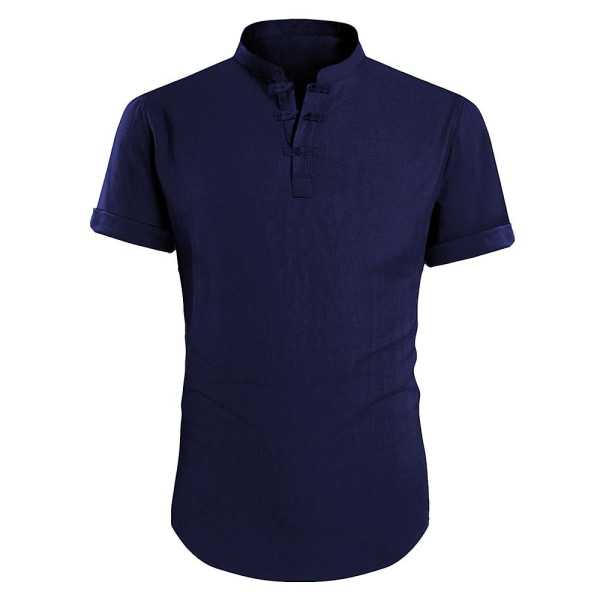 Herre Sommer Casual Kortermet Retro Vanlig Skjorte Topper Dark Blue S