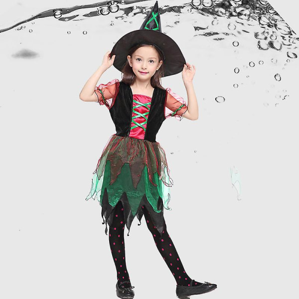 4-13 år Barn Jenter Heks Cosplay Kostymekjole+lue Halloween festgaver - Grønn 4-5 Years