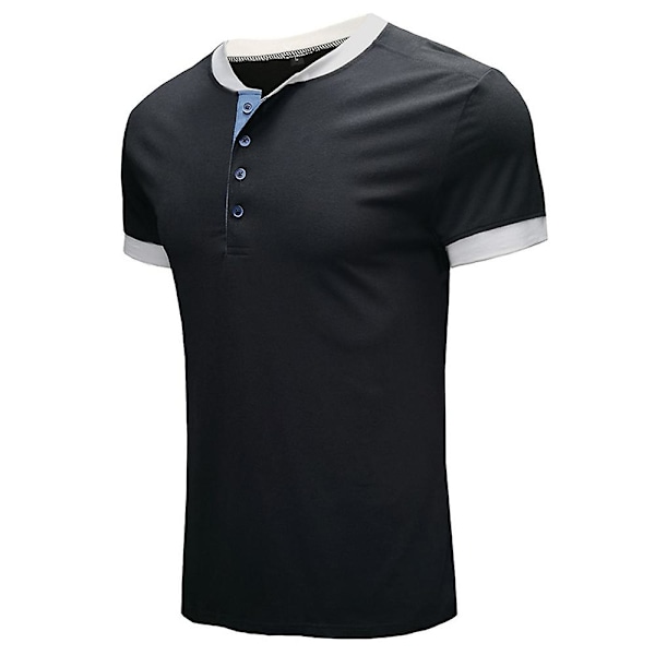Herrar Falska Två-Delar Henley T-shirt Kortärmad Sommar Toppar Black L