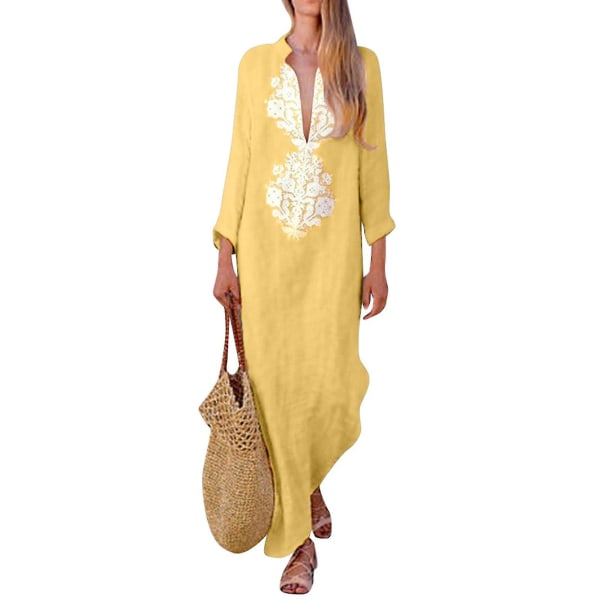 Naisten printed pitkähihainen V-kaula-mekko, haljattu helma, baggy kaftan-pitkä mekko Yellow XL