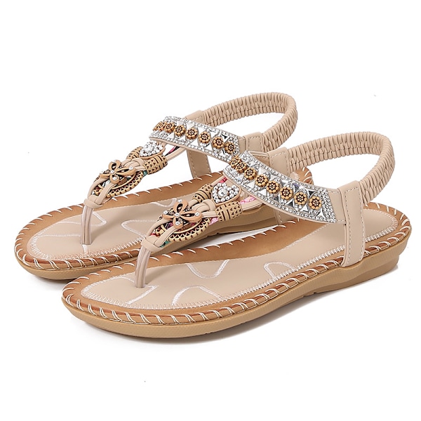 Bohemiska damsandaler sommar 2025 - Rund tå strass Flip-Flop platt komfort Apricot 41