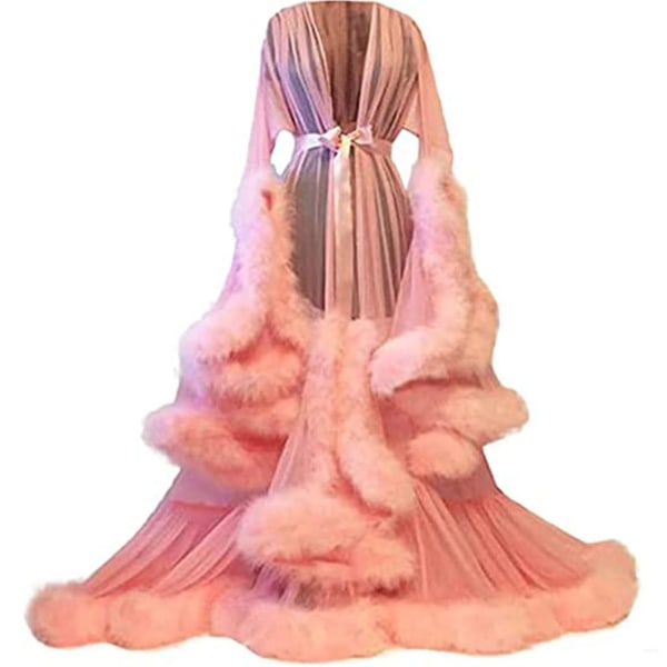 Släpande långklänning för kvinnor med fjäderutsvängda ärmar, perfekt för möhippa Pink S
