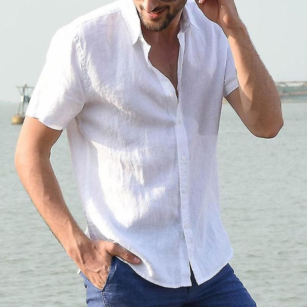 Herr sommar casual skjorta kortärmad strandtopp White 2XL