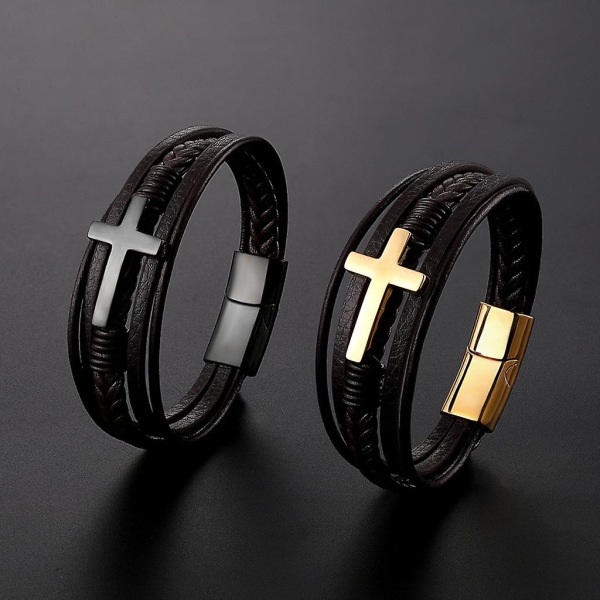 Svart Gull Sølv Flerlags flettet armbånd Cross Religious Leather Bangle -HG TZ1719 21CM