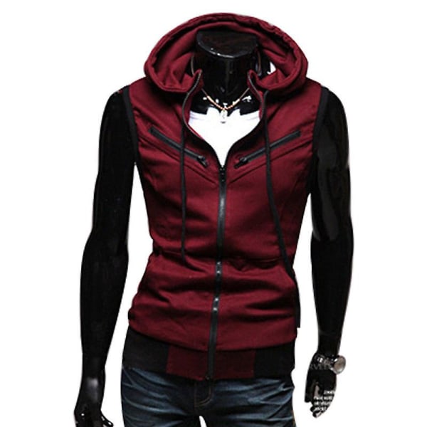 Herr sommar dragkedja hoodie väst ärmlösa huv linne Wine Red M