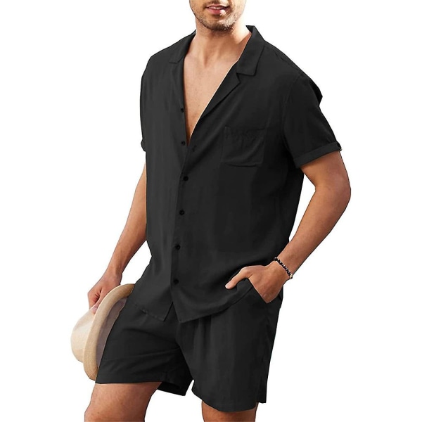 Herre Enkle Korte Ermer Skjorter Korte Bukser Sett Sommerferie Strand Topper + Shorts Antrekk Black 3XL