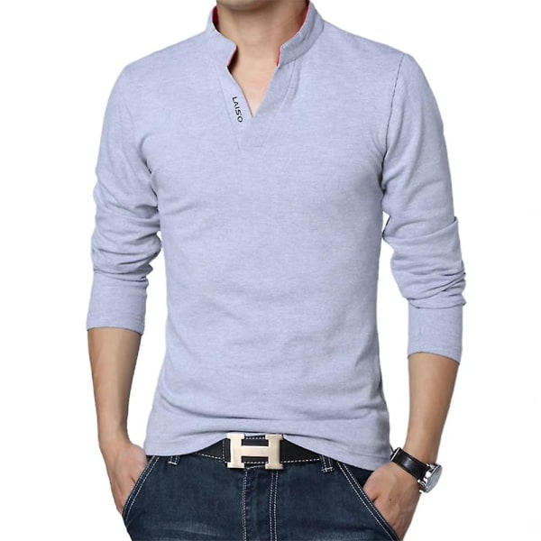 Herre Casual Henry Neck Casual Polo Shirt Business Toppe Grey L