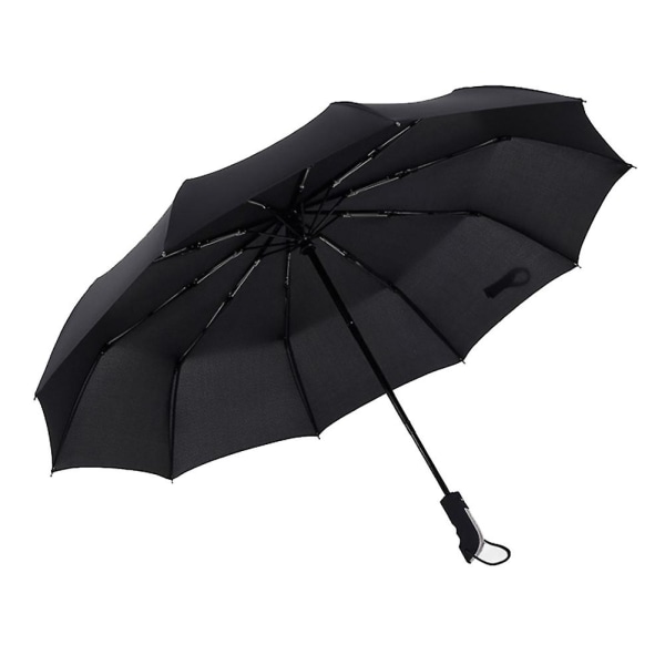 Helautomatisk öppen stark ram Trippelfällbar Stort vindtätt regnparaply Black