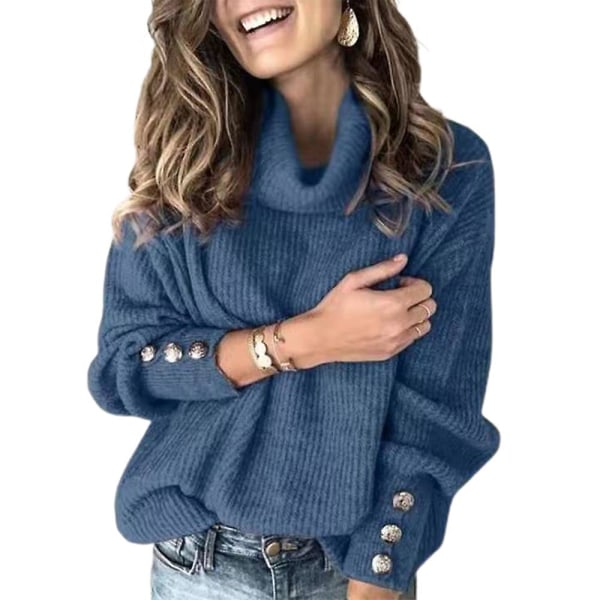 Strikket genser for kvinner, enkel høy hals, pullover, avslappet topp Blue L