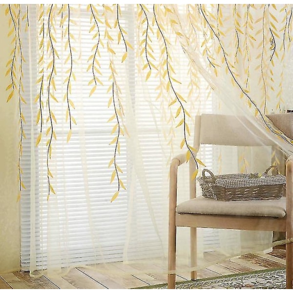 Green Sheer Window Gardiner- Willow Leaves Print Voile Sheer Gardin yellow 100*200