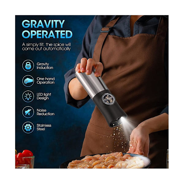Gravity Electric Suola- ja Pippurimylly, Latautuva Automaattinen Pippurimylly, Säädettävä Karkeus Blacksilver