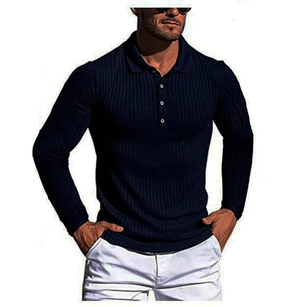 Herr långärmad pikétröja Sport Casual Business Shirt Toppar Navy Blue M