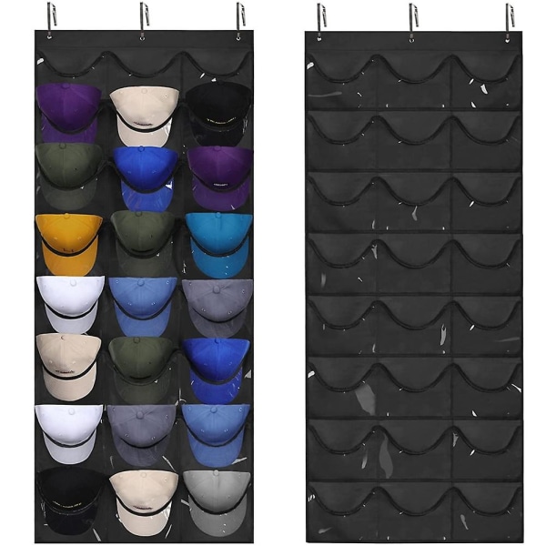 24 taskua hattuteline yhteensopiva pesäpallohatun organizer kanssa Riippuva hatun säilytyspidike, yhteensopiva kaapin seinän kanssa 70*164cm -ES Black