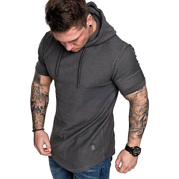 Herrar Enfärgad Kortärmad Huvtröja Sommar Casual Sport Hoodies Toppar Dark Grey M