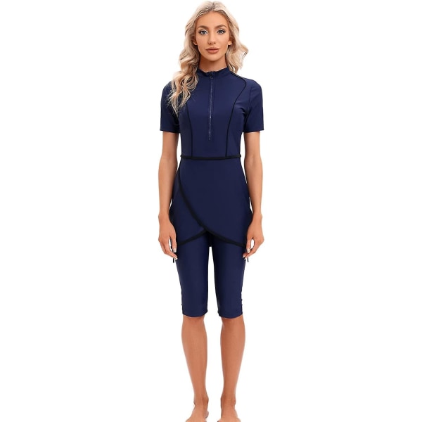Kvinner Beskjeden Badetøy Islamsk Muslimsk Badetøy Korte Ermer Glidelås Front Topp Shorts Bukser Hijab 3pcs Svømme Drakt S-4xl Tangrui Navy L