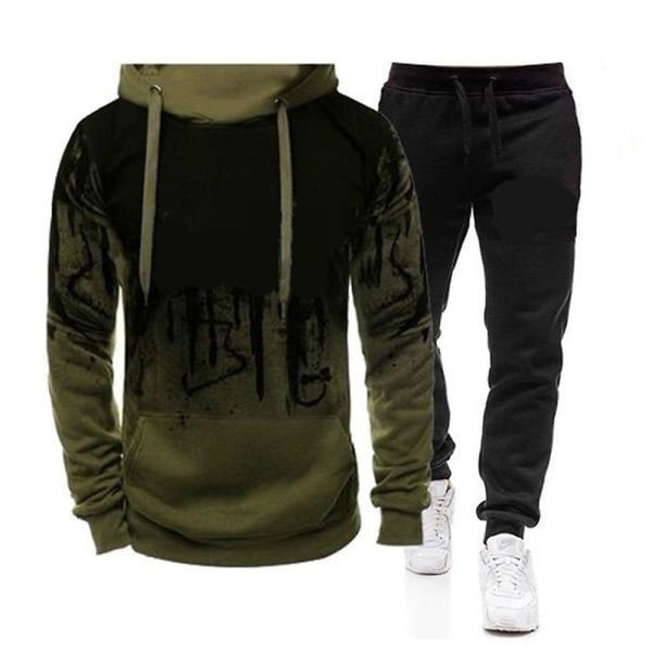 Fitness långärmad huvtröja för män+långbyxor Sport sweatshirt Outfit Set Army Green XL