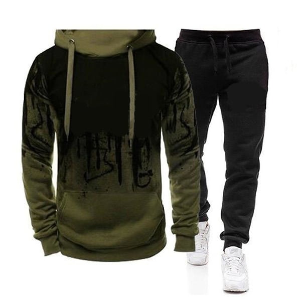 Herre Fitness Langærmet Hættetrøje+lange Bukser Sports Sweatshirt Outfit Sæt Army Green 2XL