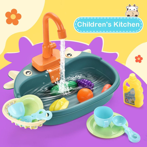Kjøkkenlekesett for barn Simulering av lekevask med frukt og servise Leker Elektrisk syklussystem for rennende vann Nyhet