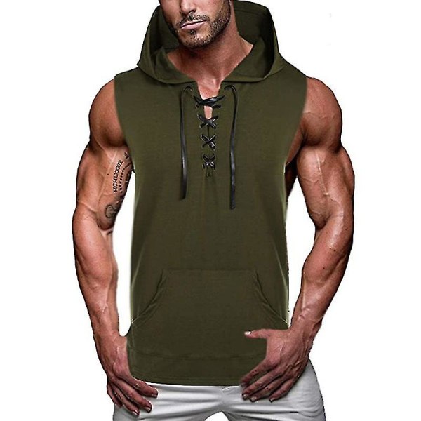 Ärmlös gymväst Sweatshirt för herr sommarhuv Army Green M