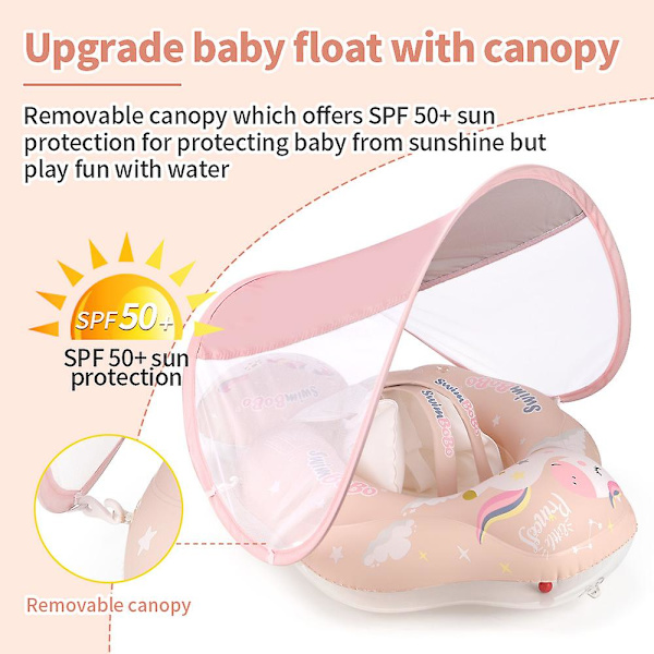 Baby Pool Float med UPF50+ Solbeskyttelseskalot, Tilføj Hale Aldrig Vendbar Oppustelig Baby Float til Småbørn 3-48 Måneder (Pink) S