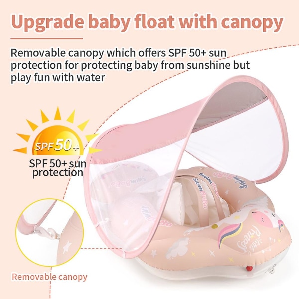 Baby svømmebasseng flyte med Upf50+ solbeskyttelse baldakin, Legg til hale Never Flip Oppblåsbar baby flyte for småbarn 3-48 måneder (rosa) S