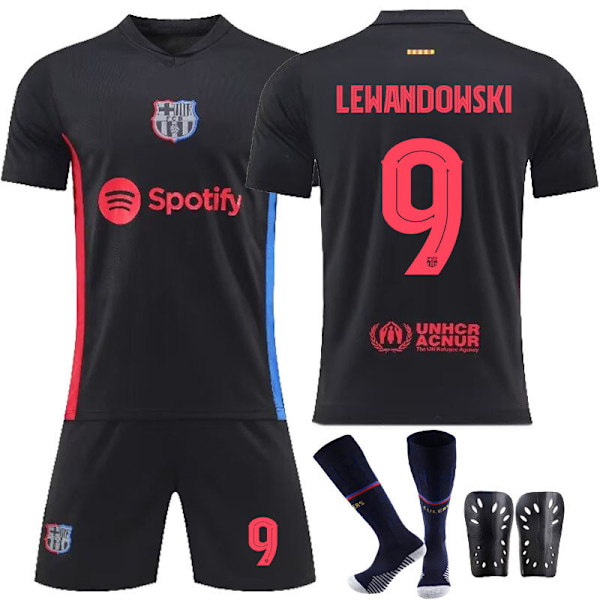 2425 Barcelona borte svart drakt fotballuniform sett-Lewandowski+sokk+beskyttelsesutstyr L(175-180cm)