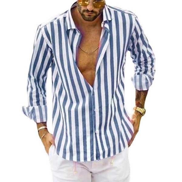 Hvit skjorte for menn med reverskrage, lang erme, striper og knapper Blue L