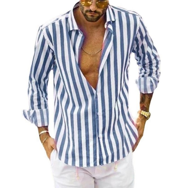Miesten kaula-aukkoinen paita casual pitkähihainen raidallinen napitus alaspäin Blue 2XL