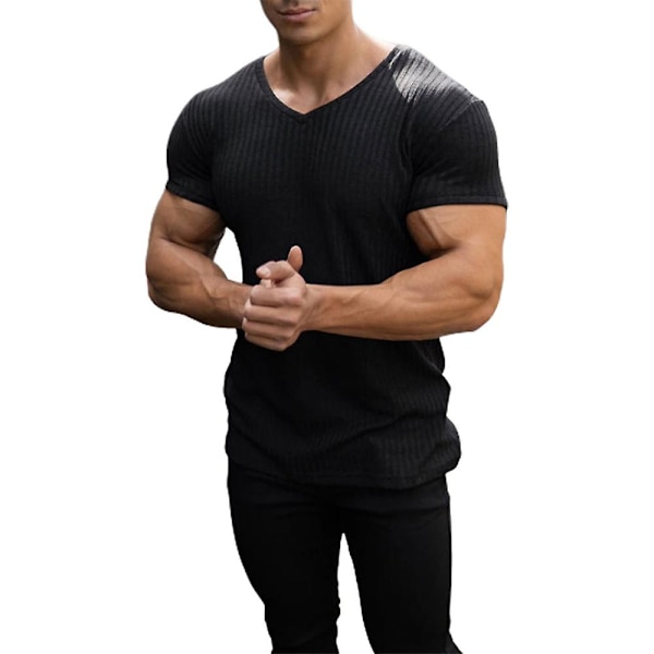 Mens kortärmad V-ringad T-shirt sommar Casual Toppar Black XL