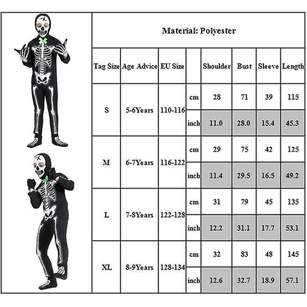 5-9 år Barn Halloween Skelett Glow In The Dark Cosplay Jumpsuit kostym med handskar Presenter 7-8 Years