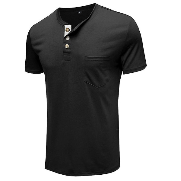 Mænds Henley T-shirts Kortærmede Sommer Topper Med Lomme Black S