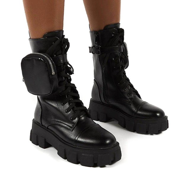 Kvinnor Combat Ankel Boots Chunky Platform Snörning Zip Biker Skor -ge Black 37
