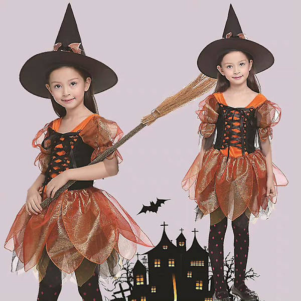 4-13 År Pige Hexe Cosplay Kostume Kjole+hat Halloween Festgaver-Orange 12-13 Years