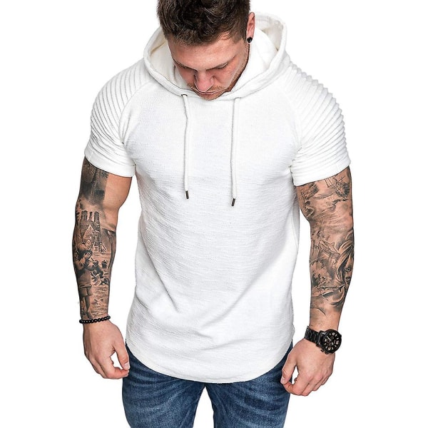 Herre plisseret kortærmet T-shirt med hætte Sommer Casual Sports Hættetrøjer Toppe White 3XL