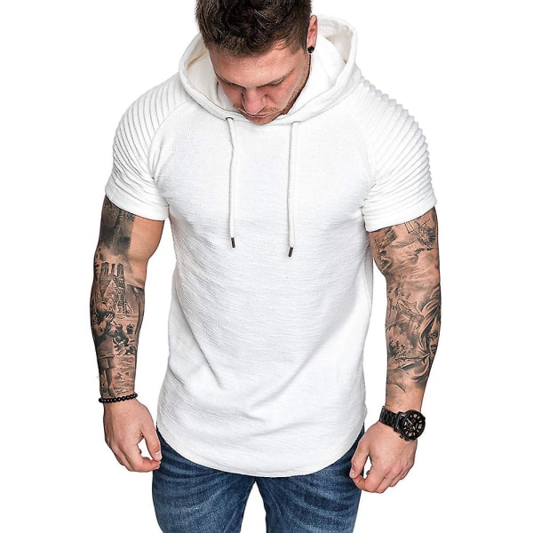 Herre plisserte kortermet hette T-skjorte Sommer Casual Sports Hettegensere Topper White 2XL