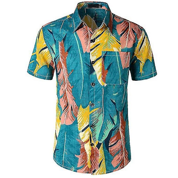 Herre Hawaii Beach Shirt Summer Short Sleeve Button Up skjorter Topper Blue Leaves M