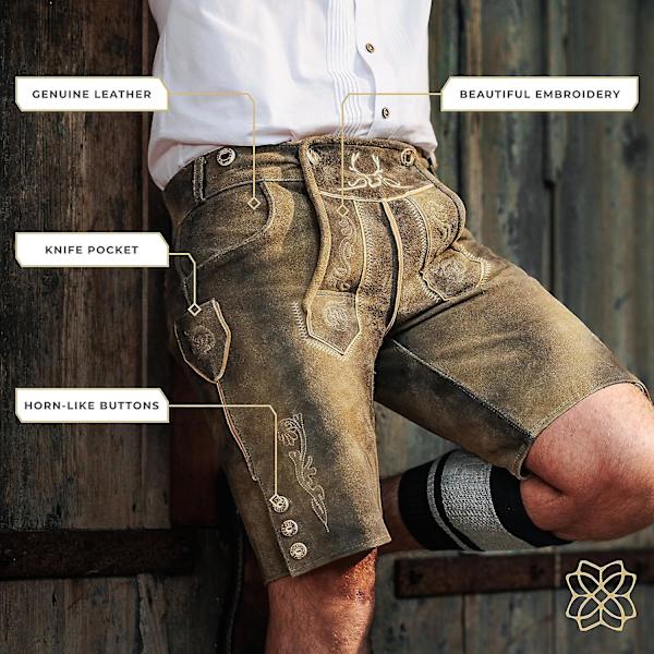 Bavaria Lederhosen Herre ekte skinn Ekte skinn Ekte skinn tysk skinn, Oktoberfest Klær-kort Mørk Brun -HG