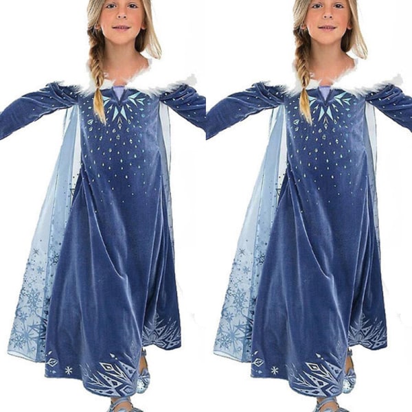 Barn Frozen Queen Elsa Princess Cosplay Kostym Flickor Fuskpälskrage Kappklänning-Mörkblå 7-8 Years